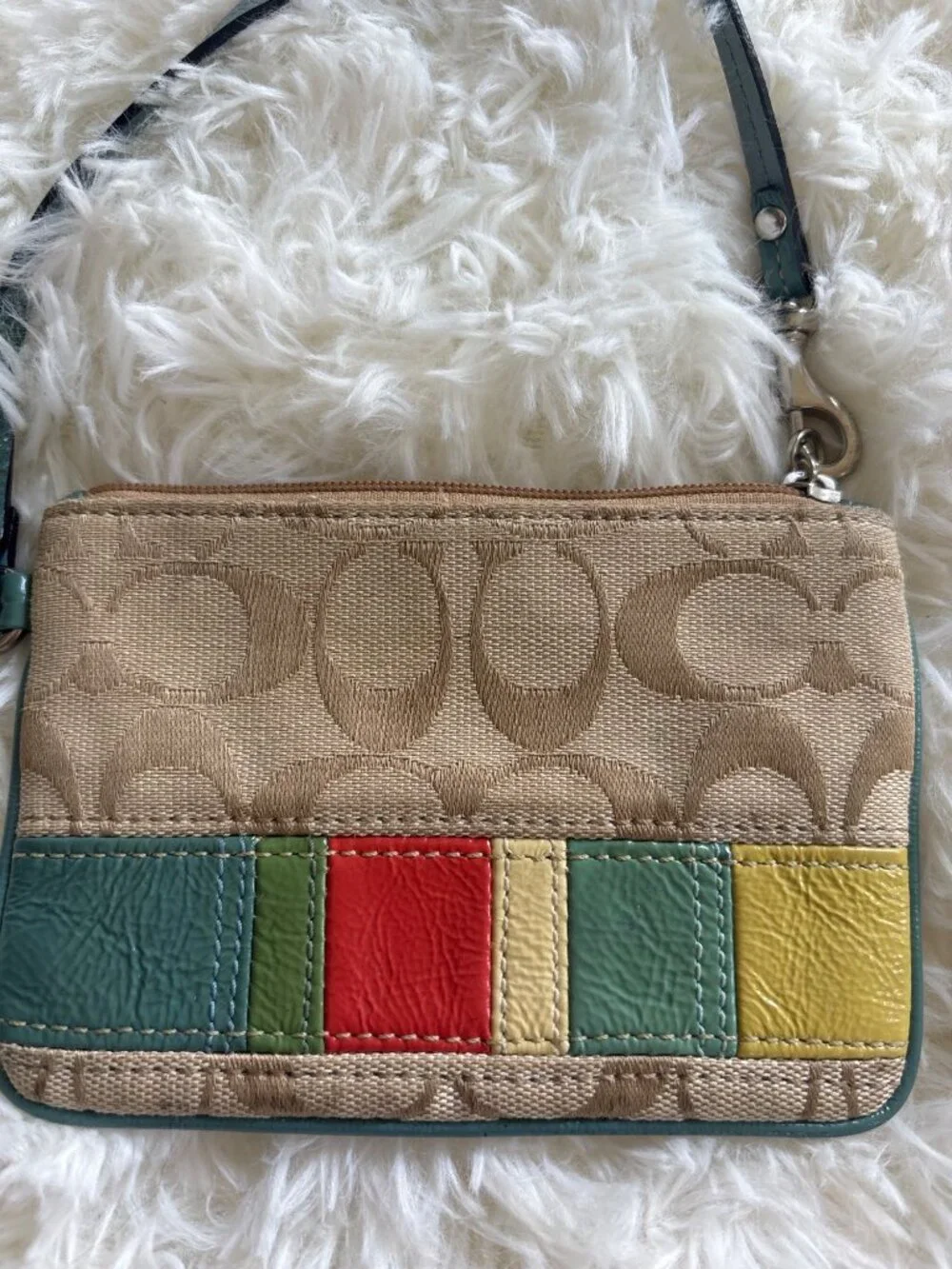 Coach Mini Wristlet Signature C Canvas Patchwork Stripe Bag Teal Trim Vintage - Picture 10 of 16
